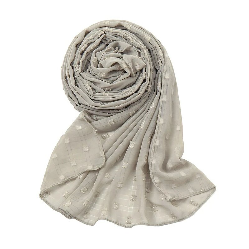 Однотонный шифоновый хиджаб в клетку с пузырьками и помпоном, шали, однотонная повязка на голову, шарф, мусульманская шапочка, шали 180*70 см