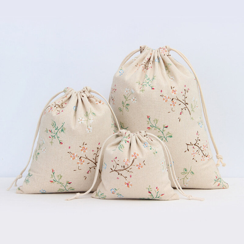 Literary Cotton Linen Drawstring Bag Vintage Flower Plant Coffee Gift Candy Packaging Bags Women Travel Pouch Storage Coin Purse