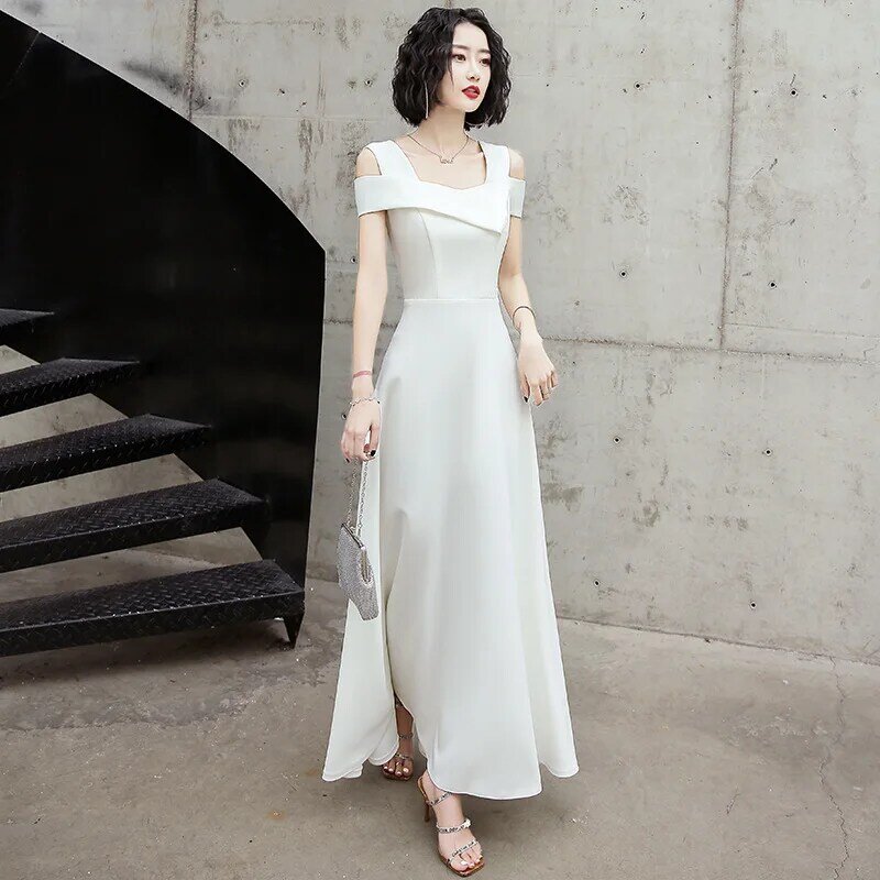 فستان سهرة من الساتان الأبيض الأنيق ، فستان سهرة رسمي بسيط ، للولائم