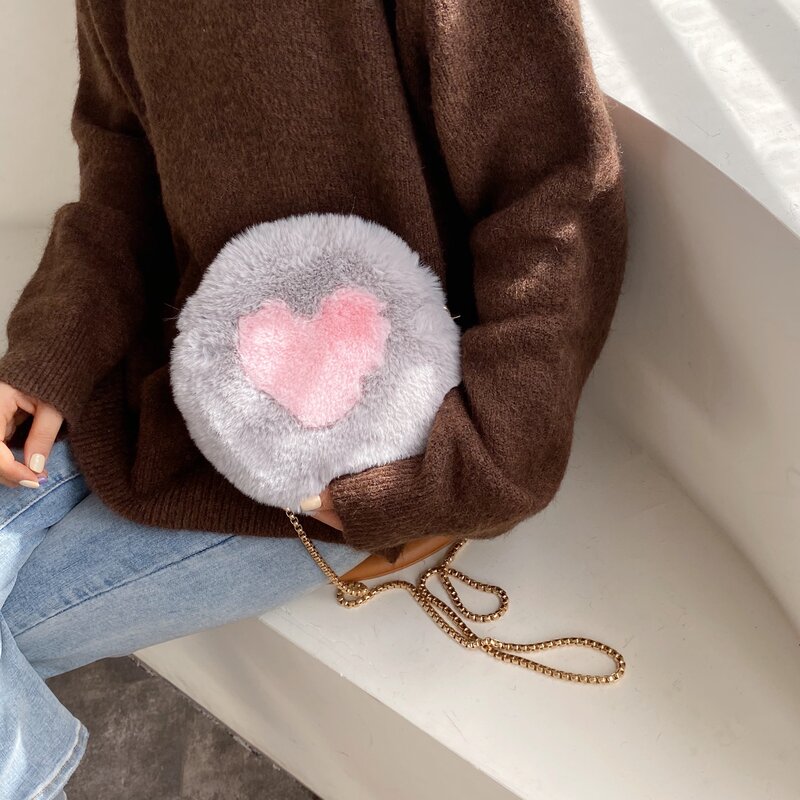 귀여운 하트 패턴 라운드 패션 인조 모피 체인 핸드백 여성용, 미니 동전 지갑, 겨울