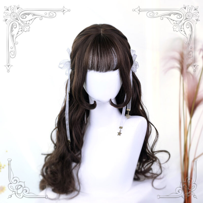 Ye's Lolita Wig High Quality Lolita Black Tea Air Bangs Female Loveliness 70CM+ Long Curly Hair Wig Cosplay Party Daily Can Wear