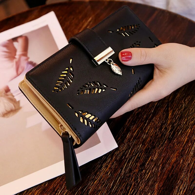 Women Wallet PU Leather Purse Female Long Wallets Gold Hollow Leaves Pouch Handbag For Women Coin Purse Card Holders Clutch