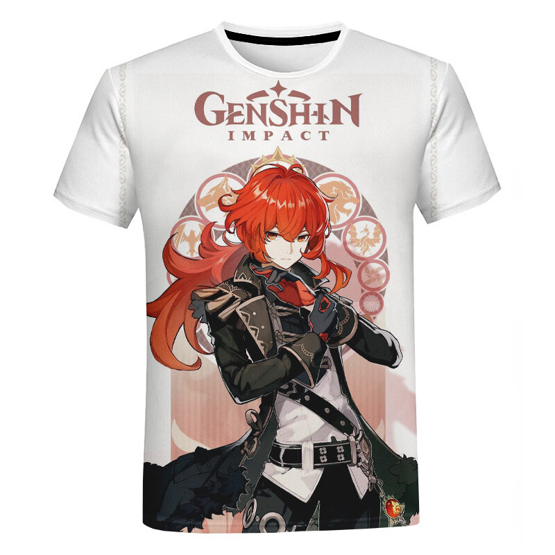 2021 футболки Genshin Impact, милые уличные футболки с персонажами аниме-игры, модные футболки большого размера унисекс с 3D принтом для мальчиков, де...