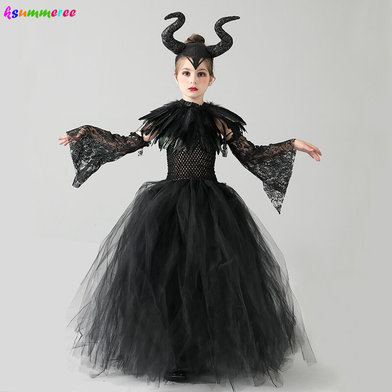 Las chicas malvada bruja de Halloween vestido negro vestido de tutú con pluma mantón victoriano niños reina oscura villano Cosplay Fantasía