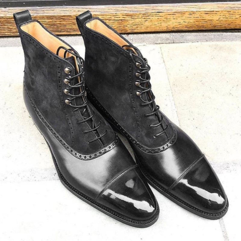 Novos sapatos masculinos feitos à mão preto plutônio costura camurça do falso clássico laço-up moda tendência vestido de natal botas de tornozelo confortáveis ks480