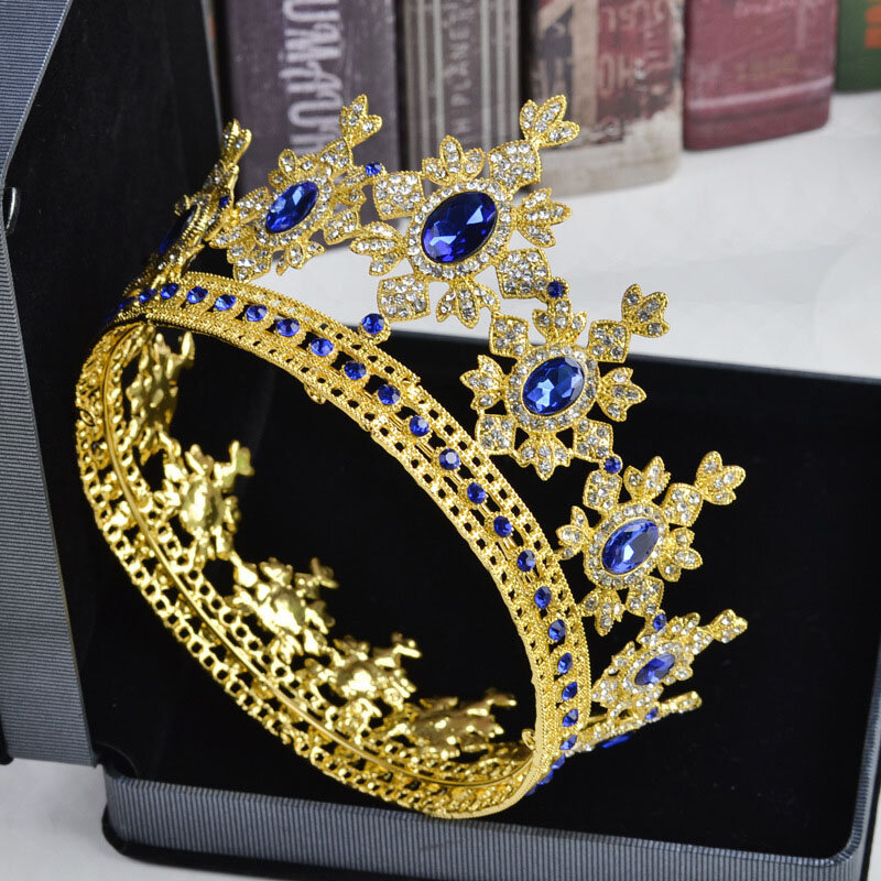 New Design Green Blue Red White Crystal Gold Metal Round Tiara Crown Diadema for Queen Bride Noiva Bridal Wedding Hair Jewelry