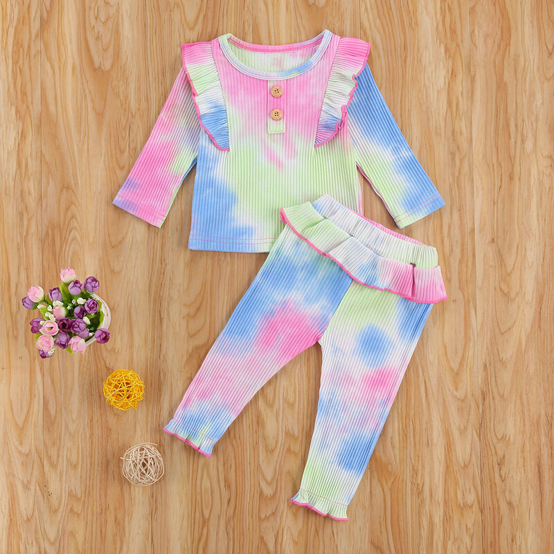 2020 Fall Spring maluch zestaw ubranek dla dziewczynki niemowlę wzburzyć z długim rękawem okrągły krawat Dye Print body Top + zestaw spodni 0-24M