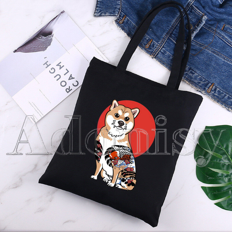 Shiba Inu Women Handbags Canvas Tote Shopping Bags Reusable Shopping Bag Eco Foldable Black
