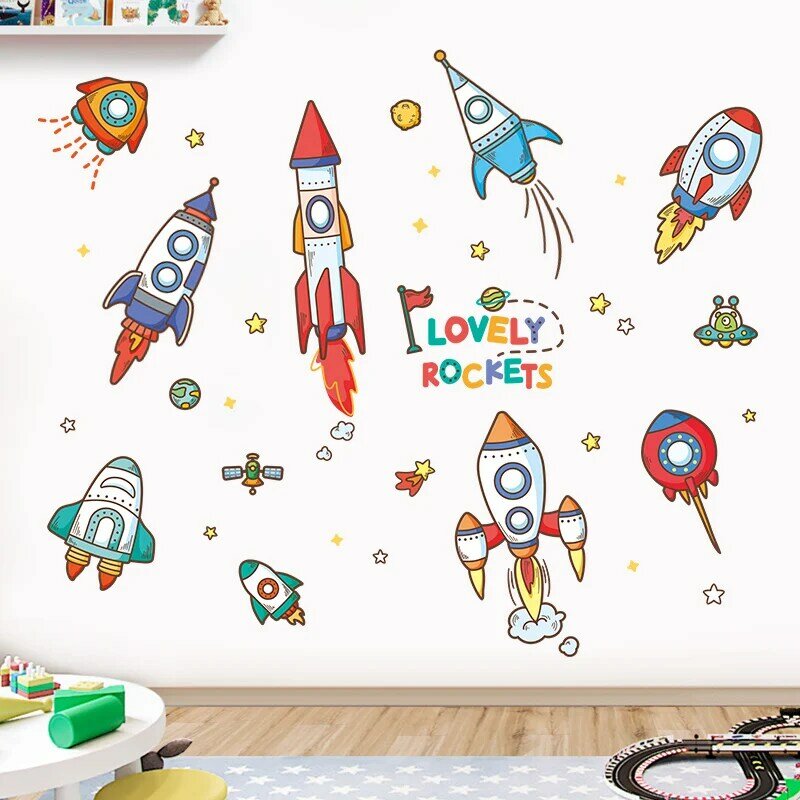 3d colorido crianças quarto foguete adesivos de parede auto adesivo dos desenhos animados do bebê espaço decalques parede berçário