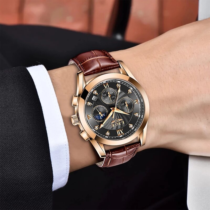 LIGE-새로운 최고 브랜드 럭셔리 남성 시계, 남성 시계 날짜 스포츠 군사 시계 가죽 스트랩 석영 비즈니스 남성 시계 선물 2020