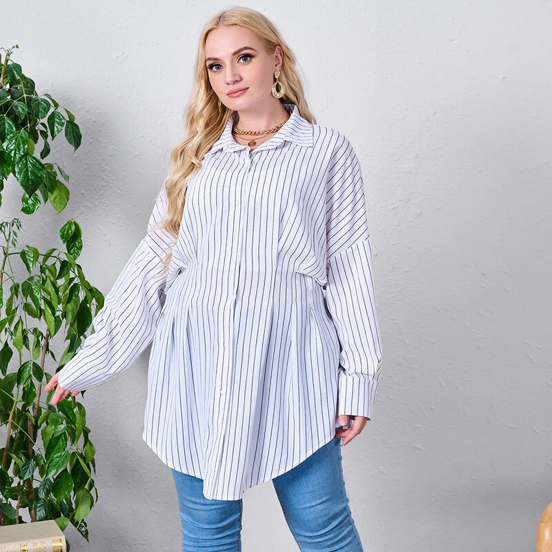 WXL-Blusa de talla grande para mujer, camisa de manga larga a rayas, informal, holgada, a la moda, para primavera y otoño, 2021
