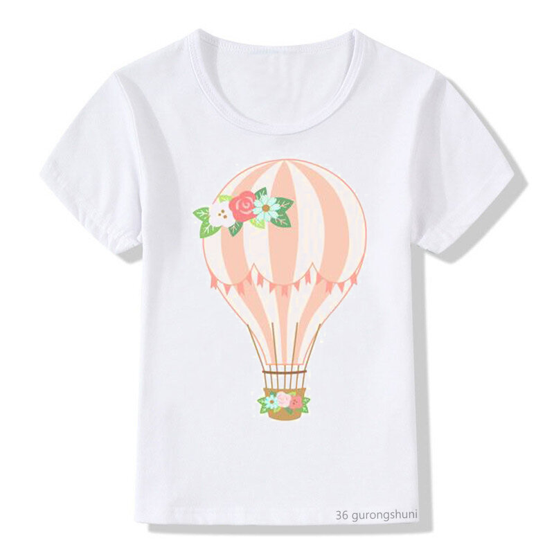 카와이 귀여운 소녀 티셔츠 예쁜 낙하산 만화 프린트 키즈 t 셔츠 유니섹스 여름 보그 탑스 화이트 반소매 키즈 streetwear