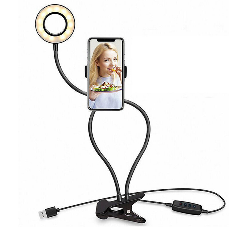 Гибкий вращающийся светодиодный светильник 2 в 1, 3 режима, с держателем для телефона, для прямой трансляции, регулируемая USB настольная лампа...