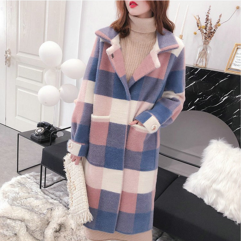 Manteau à carreaux épais en vison pour femme, Long et chaud, Style coréen, nouvelle collection automne hiver 2019, DD2395