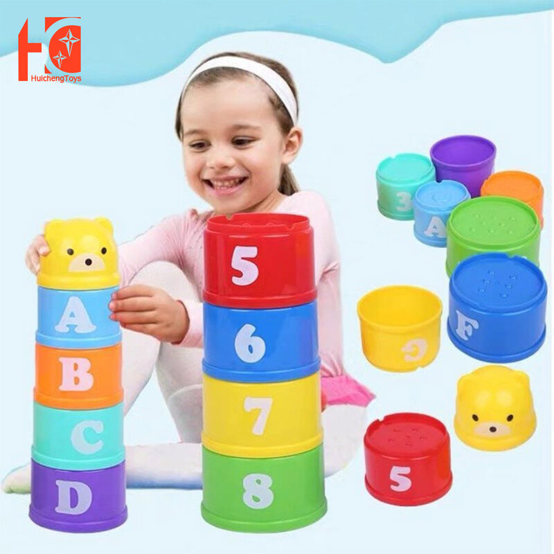 Figuras de apilamiento de tazas de juguete, juguetes educativos divertidos, torre de apilamiento de tazas de arcoíris de 0 a 6 mont, 9 piezas básicos