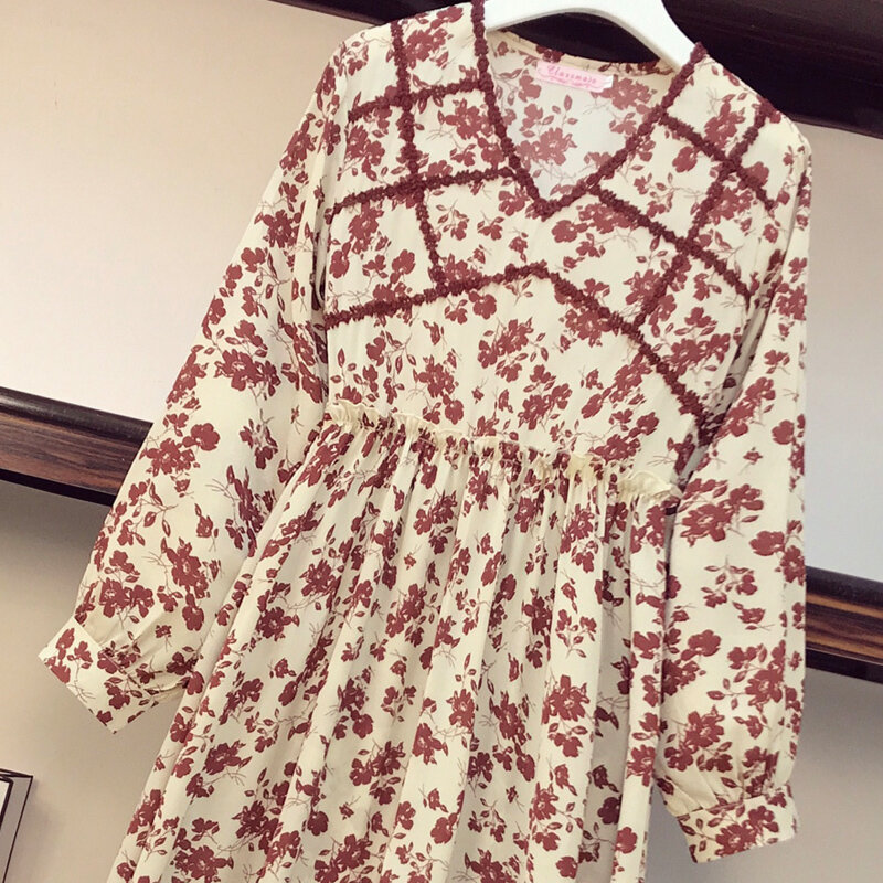 L-4XL plus size feminino vermelho floral elegante vestido primavera 2021 flor rendas retalhos com decote em v manga comprida solto impressão midi vestidos