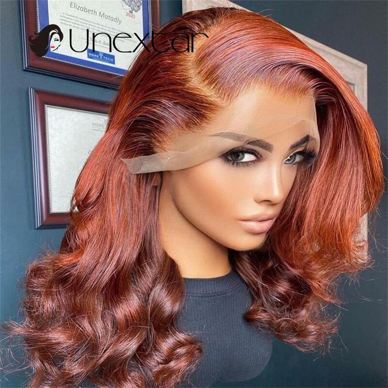 Peluca de cabello humano Remy brasileño, de encaje ombré postizo, color rojo y marrón, 180%, color Naranja miel, 13x4
