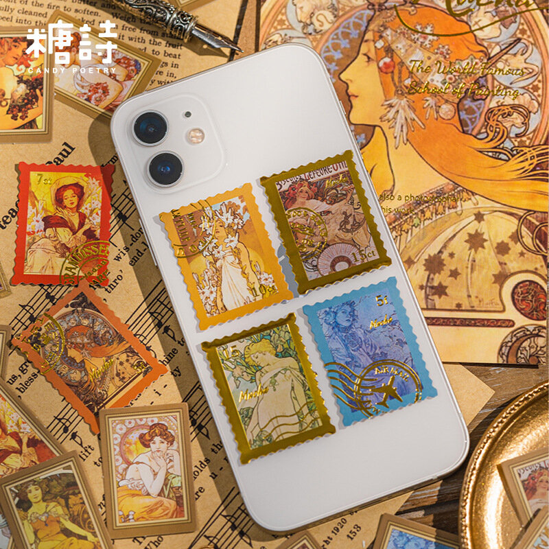 40 Buah/Pak Seri Lukisan Terkenal Stiker Retro Stiker Perangko Dekoratif Emas untuk Amplop Buku Tempel Perencana Jurnal Buku Harian