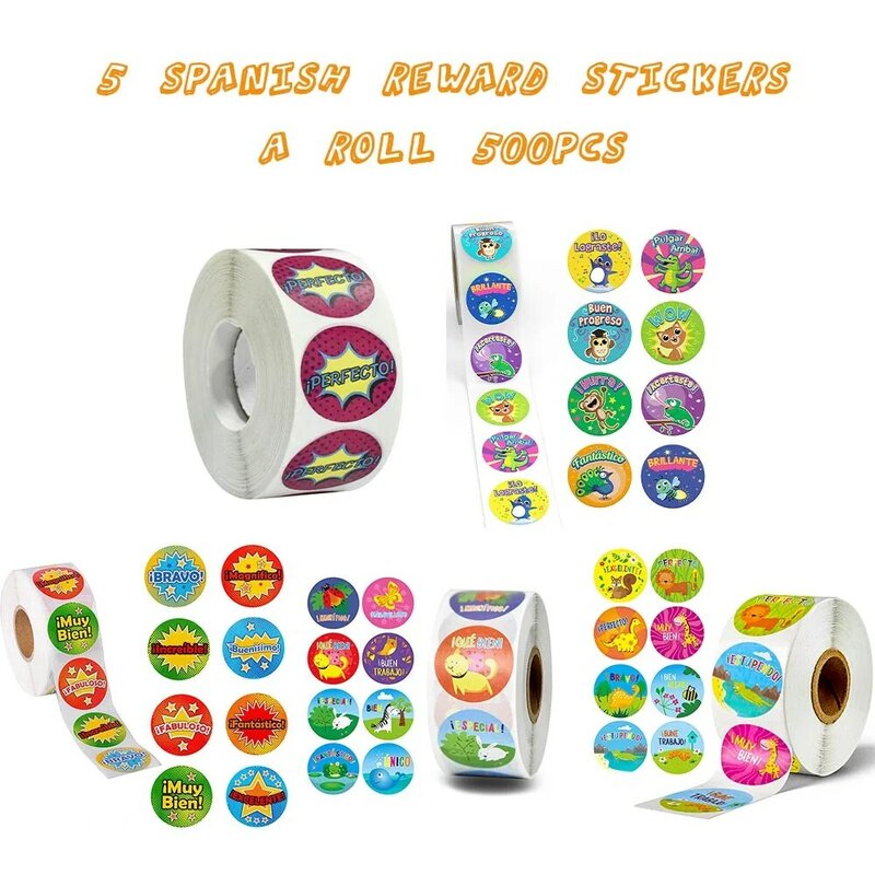 500 Pcs Carino Ricompensa Adesivi Rotolo con Lo Spagnolo Parola Motivazionale Adesivi per la Scuola Studente Insegnante Cancelleria Stickers Per Bambini