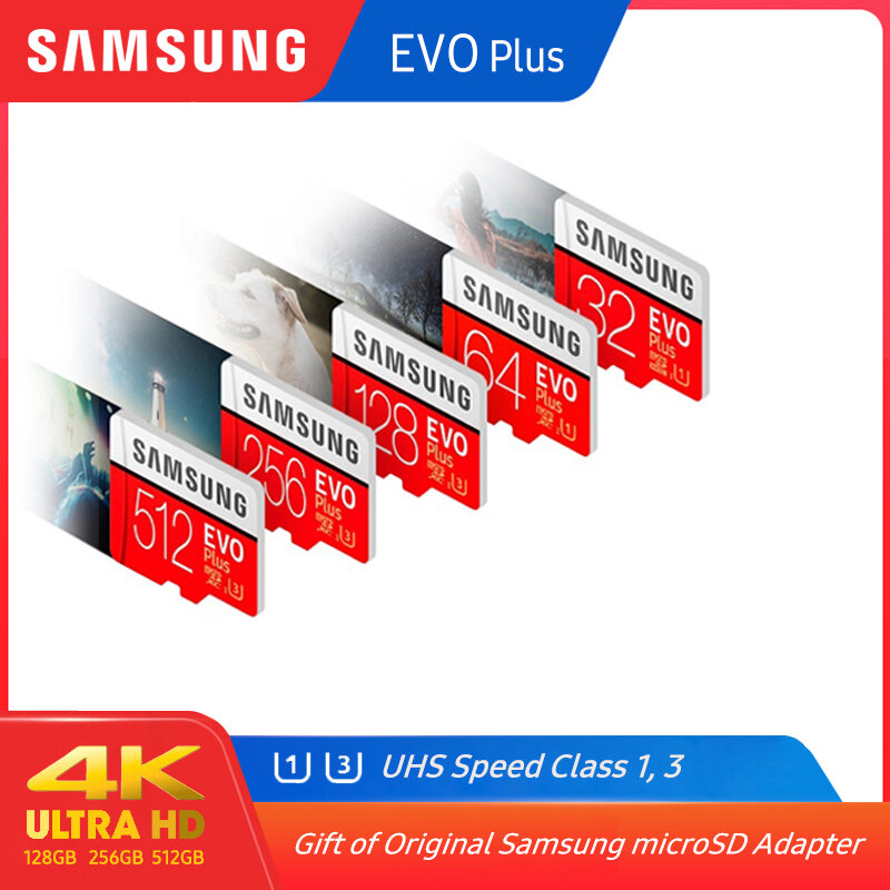 100% Original SAMSUNG micro sd 128gb EVO Plus de Class10 U1 GB 32GB 64GB U3 256GB 516gb de tarjeta de memoria MicroSD para Smartphone TabletPC