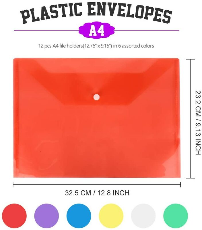 A4 plástico envelopes poli sacos de arquivo claro documentos pastas organizadores com botão snap 6 cores papelaria casos