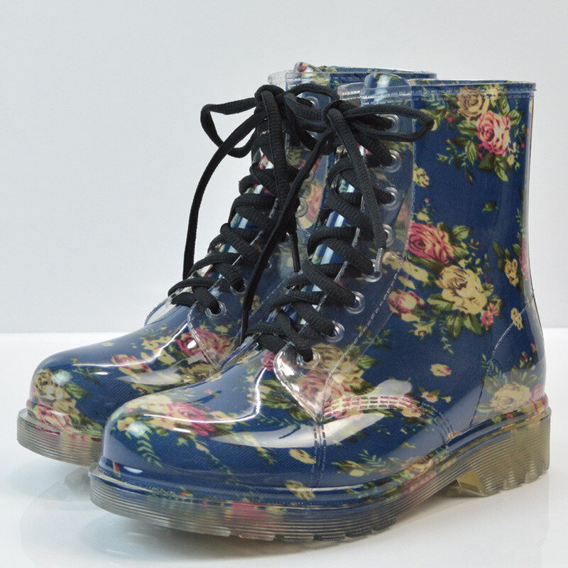 Novo outono feminino botas de chuva transparente à prova dwaterproof água colorido rainboots mulher leopardo impressão tornozelo botas rendas até sapatos de chuva 2022