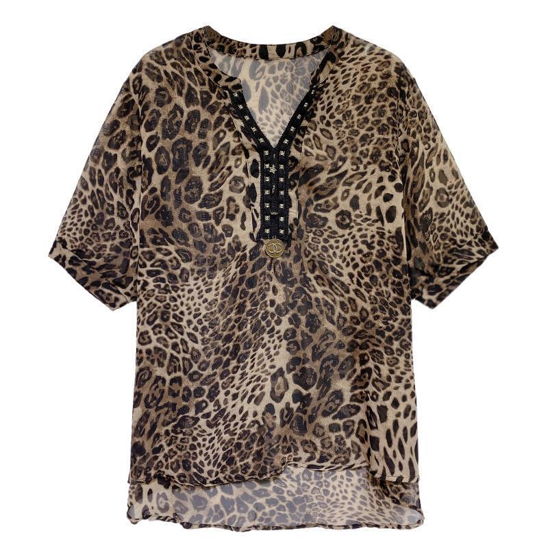 Top de gasa para mujer, camiseta de leopardo a la moda, novedad de verano