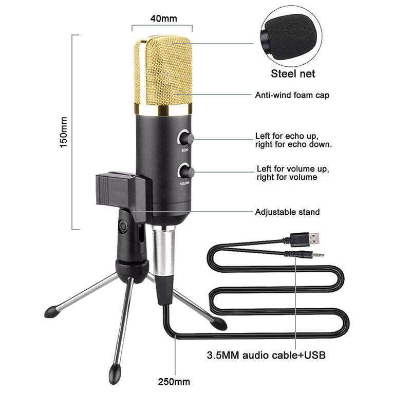 Microphone à condensateur pour ordinateur avec câble Audio 3.5mm, micro cardioïde de Studio avec support trépied et adaptateur Audio USB F100TL
