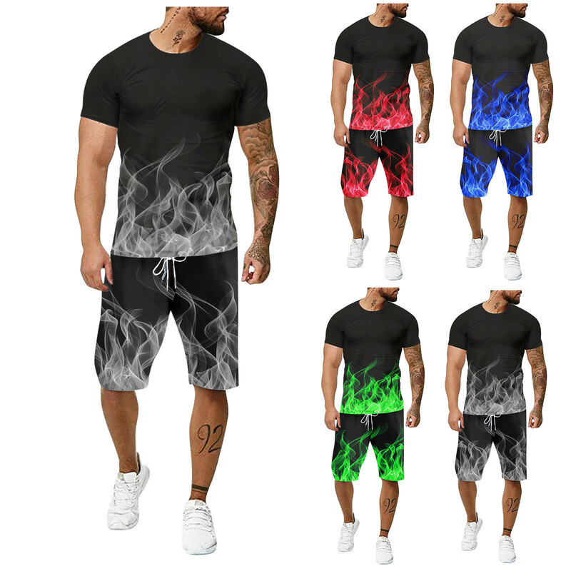 63 # Мужская одежда 2021, мужские летние спортивные костюмы для отдыха, костюм из двух предметов с 3D-принтом пламени, футболка и шорты для фитнес...