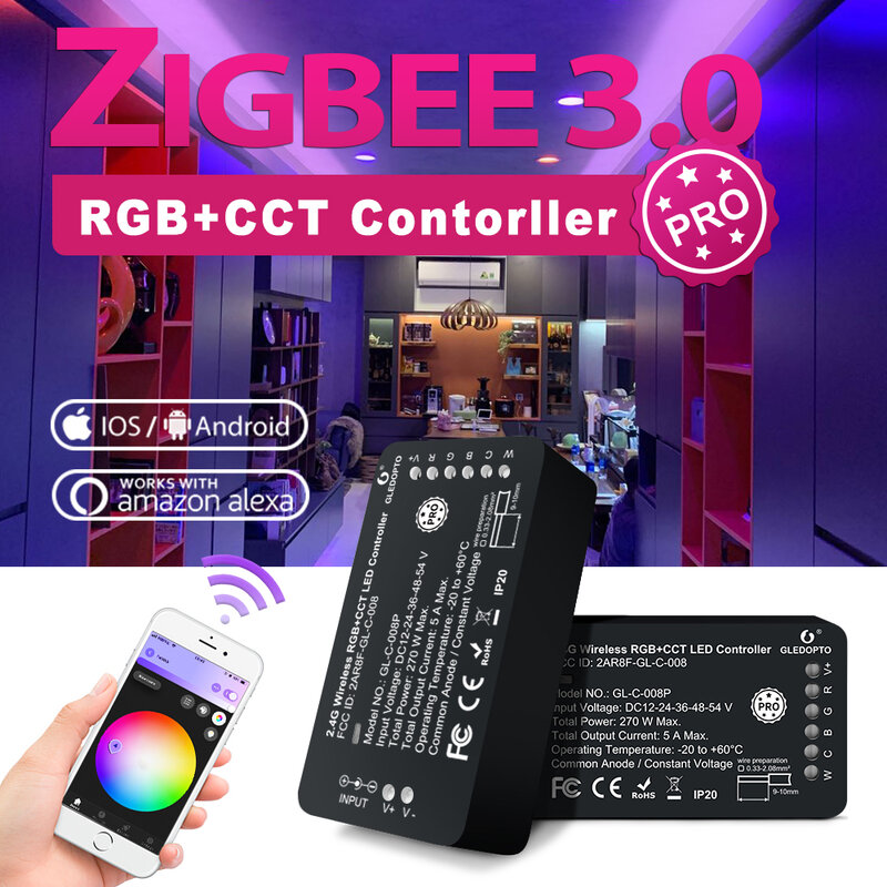 GLEDOPTO-controlador de tira LED inteligente ZigBee 3,0 RGBCCT, Control por voz, funciona con Alexa Echo Plus, Control remoto por RF