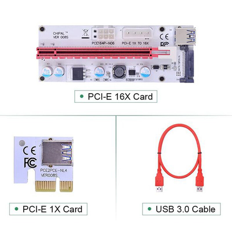 10 Buah VER008S Molex 4Pin SATA 6PIN PCIE PCI-E PCI Express Riser Card 008S Adapter 1X Ke 16X USB3.0 Extender Mining Miner