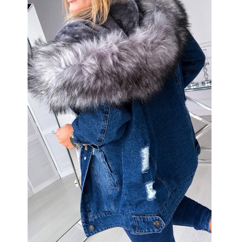 Winter Women's Denim Jacket Faux Fur Hooded Jean Coats Ladies Thick Long Sleeve Frayed Overcoat Plus Size Outwear 2020