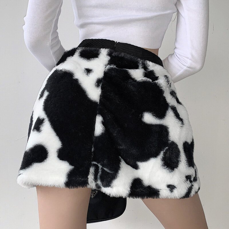 Ins Rock Schwarz und Weiß Kontrast Farbe Kuh Muster Zustrom von frauen Herbst und Winter Röcke Hohe Taille Dünne haarigen A-line Sk