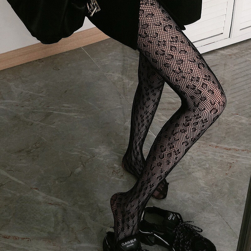 Pantimedias de encaje de leopardo para mujer, medias de red de moda, Sexy, de seda transparente, color negro, estilo japonés