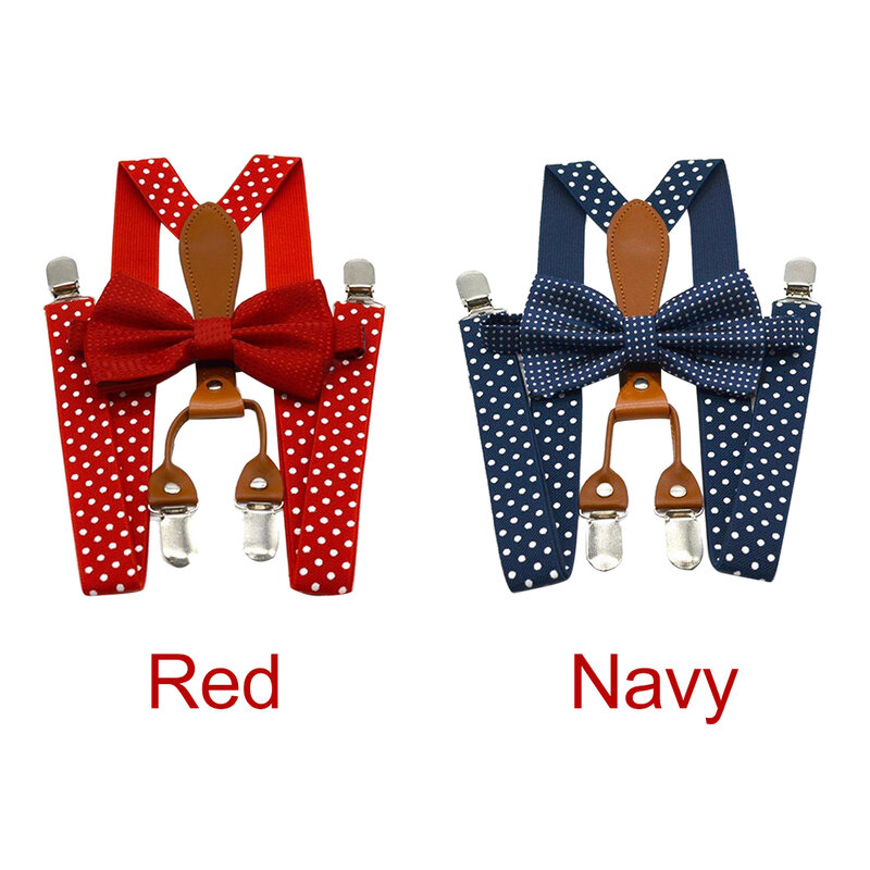 Navy Red Polka Dot Wedding สำหรับกางเกงโลหะผสมปุ่มปรับ4เสื้อผ้า Party ผู้ใหญ่ Suspender Bow Tie วงเล็บ