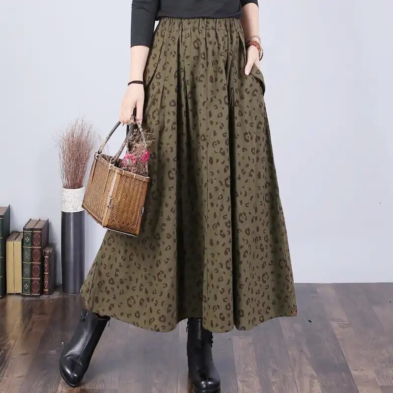 Arte do vintage floral algodão cintura elástica saia feminina primavera outono moda solta meados de comprimento saia harajuku faldas mujer moda 2022