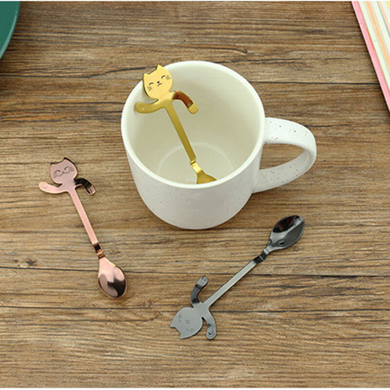 Piękny kot łyżka długa rączka łyżki sztućce kawa narzędzia do picia ze stali nierdzewnej akcesoria do kubków miarki kreatywna łyżeczka do kawy
