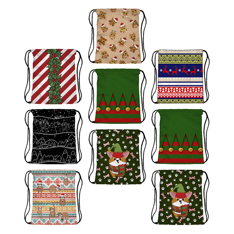 9Pcs Christmas Theme Storage Bags Drawstring Pouches Shopping Backpacks