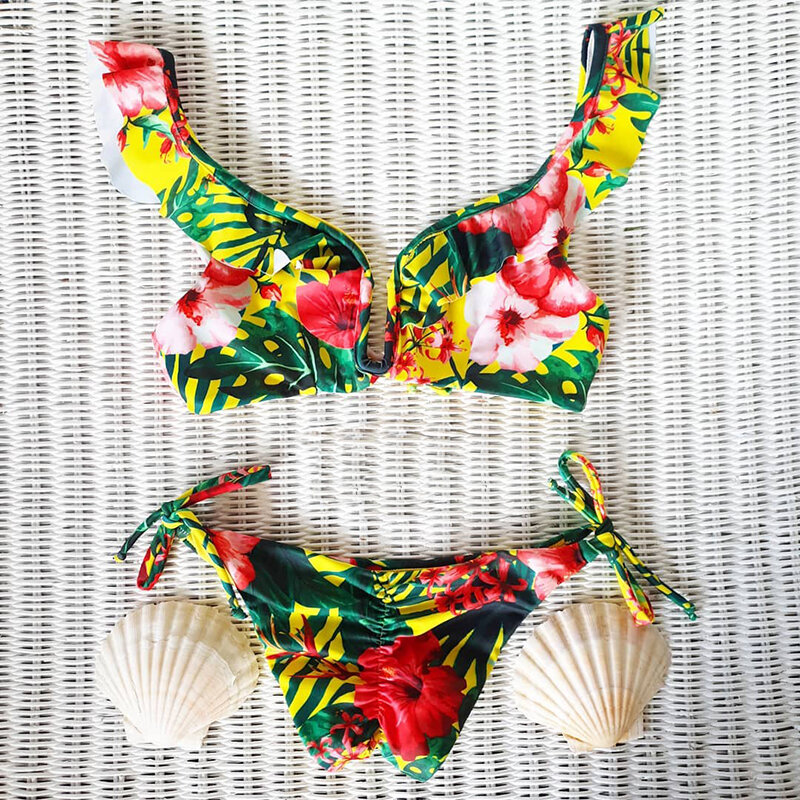 Conjunto de Bikini con realce para mujer  traje de baño Push Up con estampado de fondo liso  Bikini 