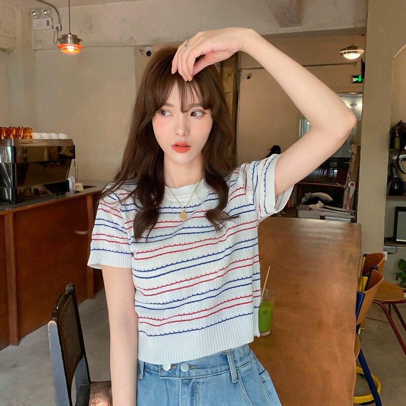 한국 스타일 슬림 핏 슬리밍 얇은 혼합 색상 스트라이프 귀여운 청소년처럼 보이는 반팔 스웨터 여성용, 여름 2021