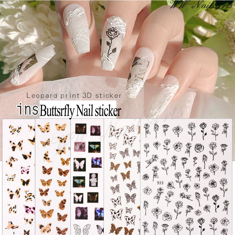 Pegatinas 3D con estampado de mariposas y leopardo para uñas, calcomanías de estilo bohemio para manicura, 10 Uds.