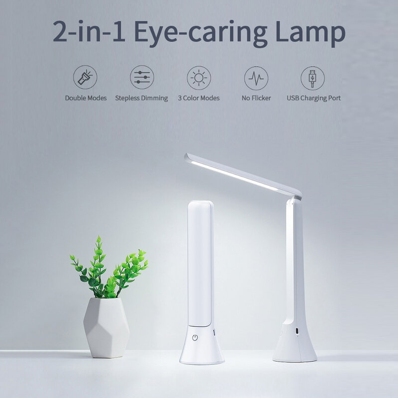 Lámpara LED de escritorio recargable 2 en 1 con Control táctil, linterna para el cuidado de los ojos, para lectura e iluminación de emergencia, 3 modos de Color