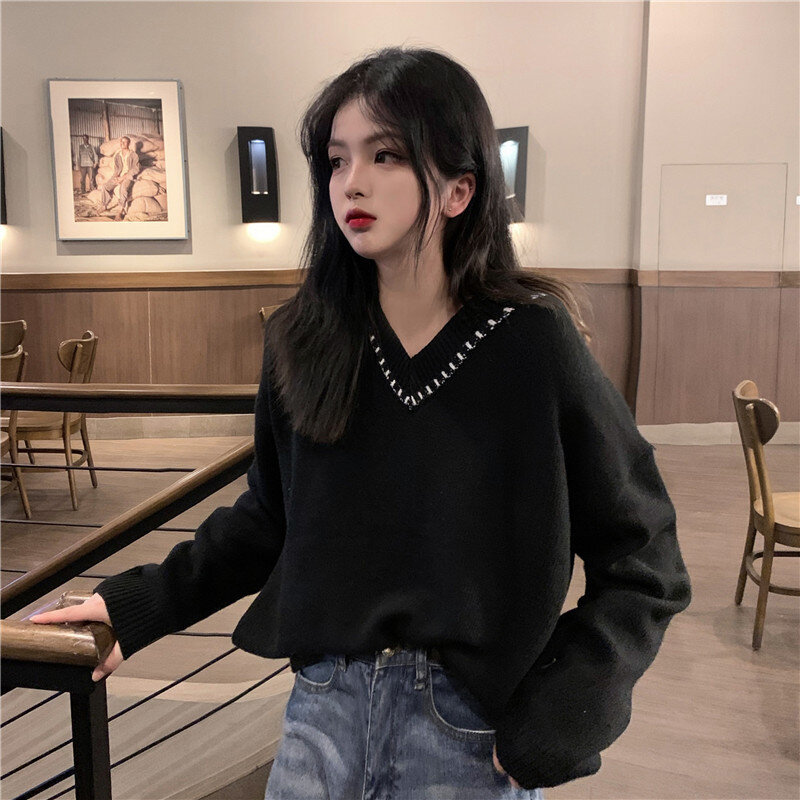 Women Autumn V Neck Long Sleeve Sweater Tops Loose Knit Pullover Tops Casual Women Winter Patchwork Pullover Sweater New