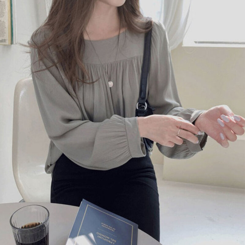 Женская блузка на раннюю осень 2021, новый свободный топ с длинными рукавами, атласная рубашка, Женская корейская модная шифоновая рубашка, же...