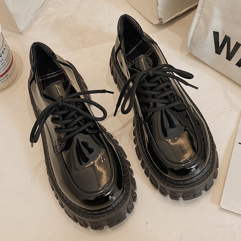 Осень 2021, женские оксфорды в британском стиле, шнуровка, черные женские туфли-оксфорды на массивной платформе, обувь на плоской подошве
