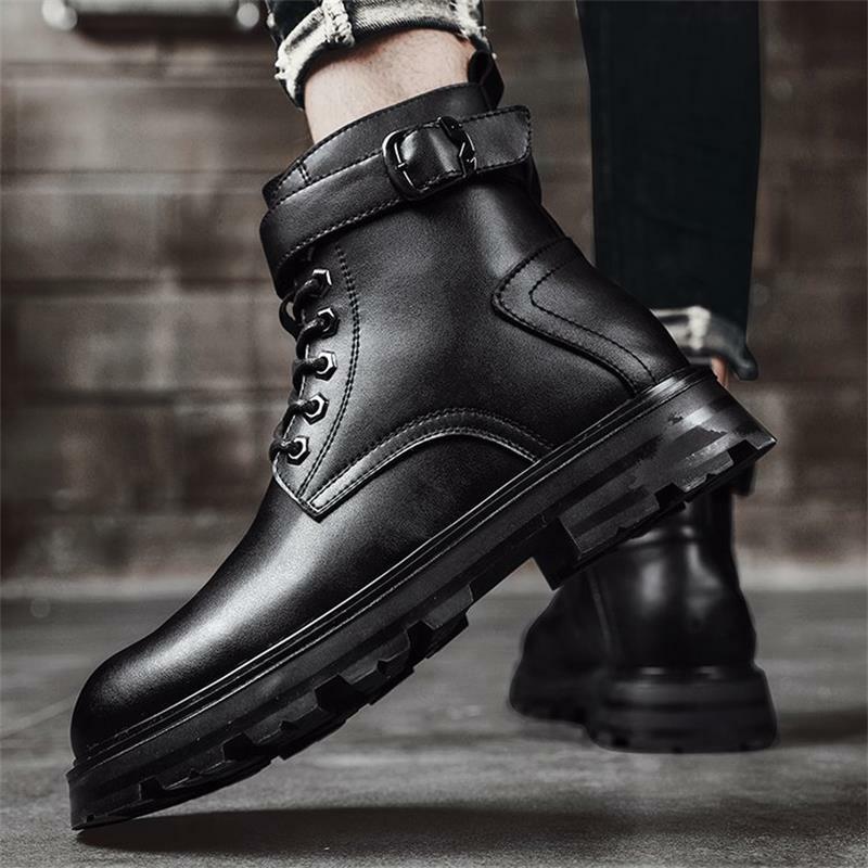 Winter New Men Shoes Black PU Classic Round Toe Thick-soled Lace-up Ankle Buckle Fashion Casual All-match Outdoor Boots 6KF669