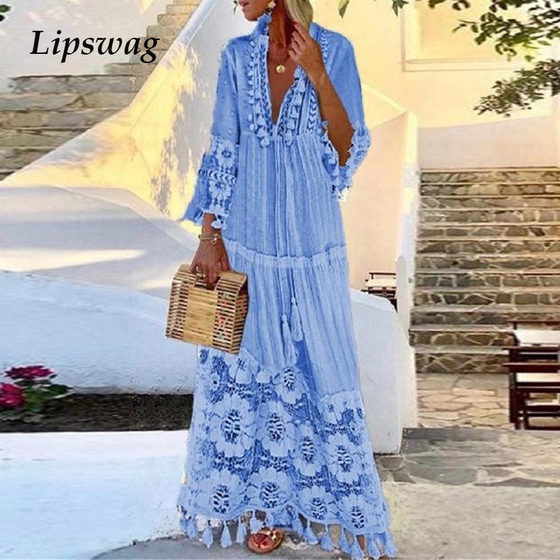 Elegancka sukienka z dekoltem w serek długa sukienka na plażę letnia rękaw 3/4 sukienka z koronką Cover-up Vintage Patchwork sukienka plażowa Cover-up