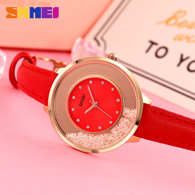 SKMEI-Reloj de pulsera de cuero de moda para mujer, reloj de lujo con esfera de cristal, de cuarzo, informal, novedad de 2021