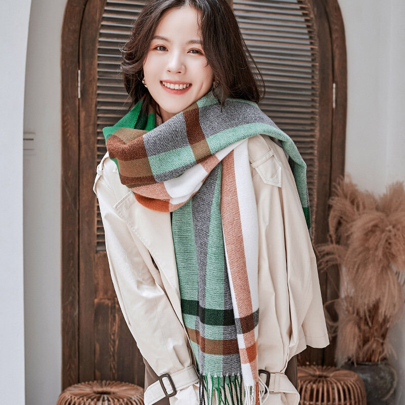 Outdoor New Winter Plaid Scarf Printed Tassels Imitation Cashmere Fashionable Sweet Shawl With Medium Length Thick Warmth Women