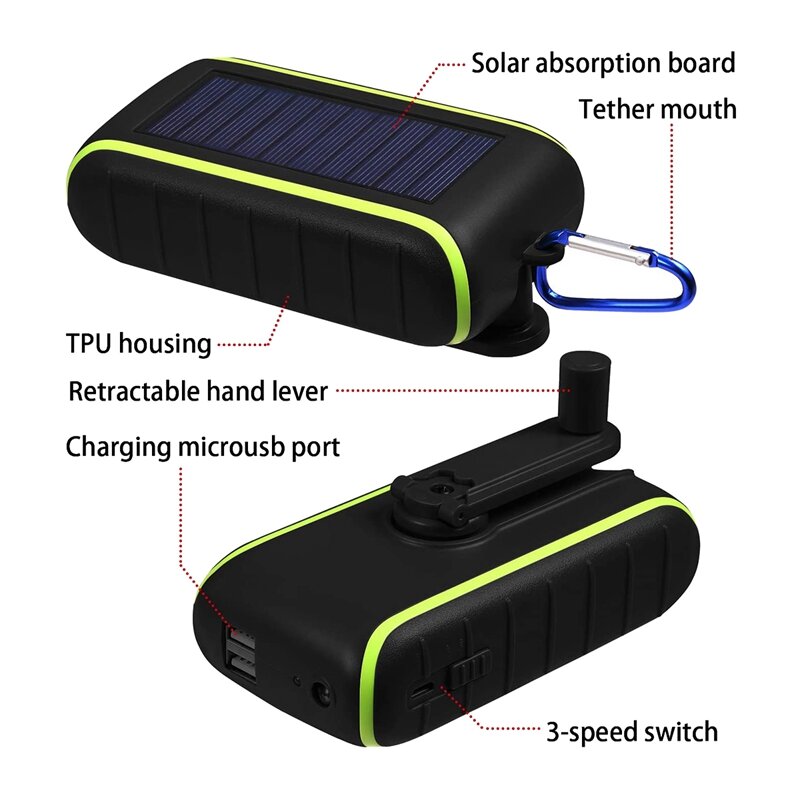 태양 열 충전기, 10000MAh 휴대용 손 크랭크 전화 충전기 2 USB 포트 LED 손전등, carabiner와 태양 보조베터리